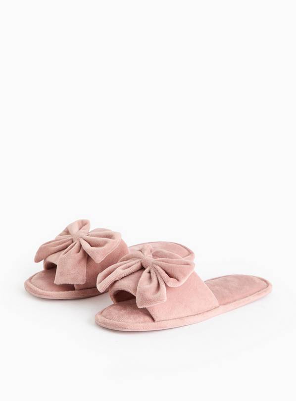 Pink Velour Bow Open Toe Slippers L